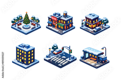 Winter Cityscape Grid. Downtown winter night. Isometric flat vector icons set of Downtown winter night: city square with lights, bar district block, winter
