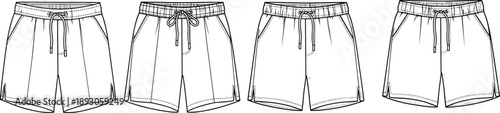 CAD drawing flat vector illustration of men’s drawstring shorts set front view, technical casual summer wear fashion template