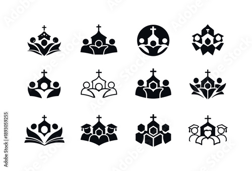 Church Education Icons. The role of the Christian Church in education. Icon set. Set Logo of the role of the Christian Church in education: students around a