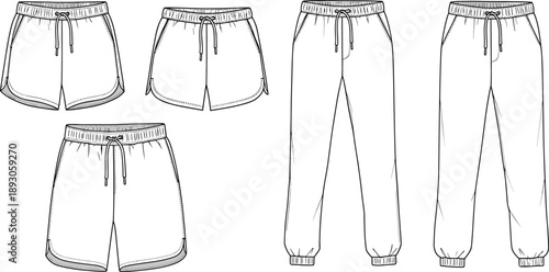 CAD drawing flat vector illustration of men’s and women’s jogger pants and elastic waist shorts fashion template front view