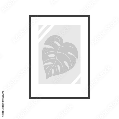 Image framed with black border. Gray Monstera leaf with light streaks on white background. Decorative painting for interior