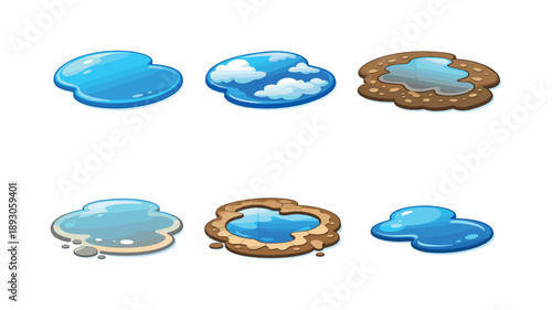 Isometric Rain Puddle Icons. AfterRain. Isometric flat vector icons set of after rain: clear puddle reflection, puddle with cloud reflection, wet ground