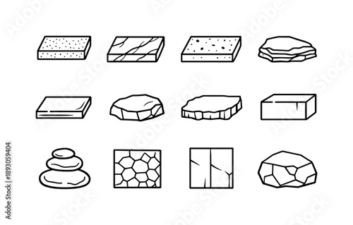 Stone Slab Icons. Stone Slabs. Line icon set of Stone Slabs: granite slab, marble slab, limestone slab, slate slab, polished stone, rough stone, natural edge,