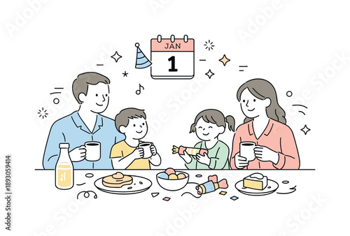Cozy New Year's Breakfast. New Year?s morning breakfast at home. Parents and children sitting in pajamas at a cozy table with coffee cups and simple festive