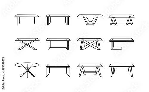 Transparent Table Icons. Transparent table design. Line icon set of Transparent table design: invisible tabletop, clean line furniture, futuristic table,