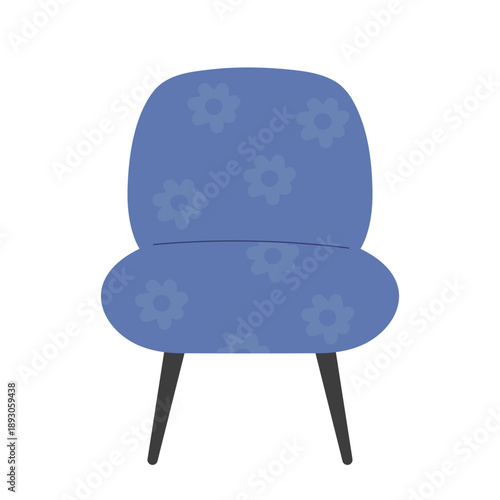 Illustration of blue chair with flowers pattern. Soft, cozy armchair with long legs, flat vector illustration isolated.