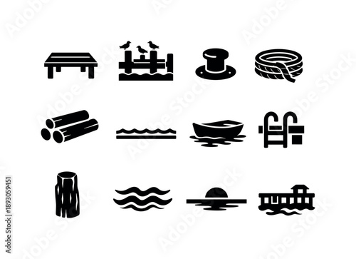 Harbor Dock Icons. Harbor Dock. Solid icon set of Harbor Dock: dock platform, harbor pier, bollard post, rope coil, wooden beams, waterline, small boat, dock