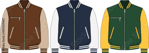 Cad drawing flat vector illustration of men's varsity bomber jackets, front view, fashion technical sketch, detailed design, color variation