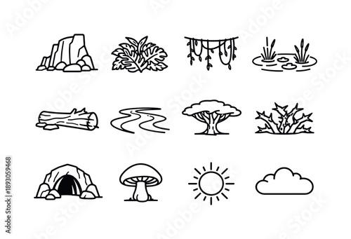 Jungle Line Icons. Untamed jungle terrain. Line icon set of Untamed jungle terrain: rocky cliff, dense foliage, hanging vines, swamp area, fallen log, river