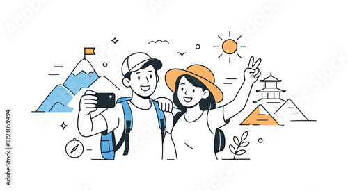 Travel Adventure Friends. Travel adventure selfie. Two friends posing with a smartphone in front of abstract mountains or landmarks. The illustration suggests