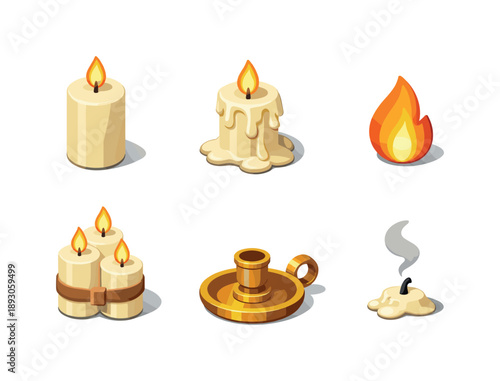 Colorful Candle Icon Grid. Wax candles. Isometric flat vector icons set of Wax candles: pillar candle, melted candle with wax drips, lit candle flame, stacked