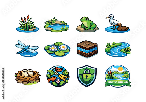 Wetland Ecosystem Icons. Wetland ecosystem. Colorful isometric vector icons set of Wetland ecosystem: marsh grasses, shallow water pools, frogs, water birds,