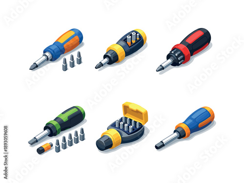 Multi-Bit Screwdriver Icons. Multi-bit screwdrivers. Isometric flat vector icons set of multi-bit screwdrivers: screwdriver with changeable heads, bit holder