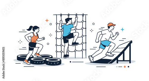 Dynamic Obstacle Race. Outdoor fitness obstacle race. Runners navigating tires, ropes, and ramps, emphasizing endurance and movement. Dynamic editorial scene