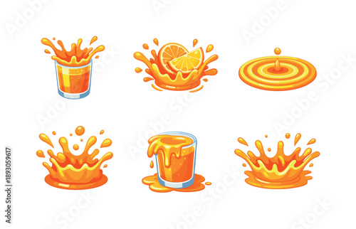 Vibrant Juice Icons. Fruit Juice. Isometric flat vector icons set of Fruit Juice: fresh juice splash in glass, citrus juice burst, juice surface ripple, splash