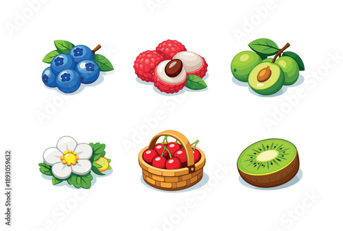 Spring Harvest Icons. Spring Fruit Harvest Icons. Isometric flat vector icons set of Spring Fruit Harvest Icons: blueberry bunch, fresh lychee, green plum,