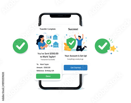 Mobile Banking Success. Mobile bank app preview. Final polished banking screens displayed on a smartphone, with approval and success indicators nearby.