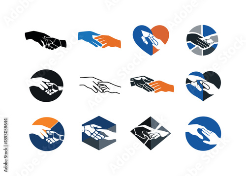 Synthetic Harmony Logos. Synthetic consciousness and humanity. Icon set. Set Logo of Synthetic consciousness and humanity: human hand and robotic