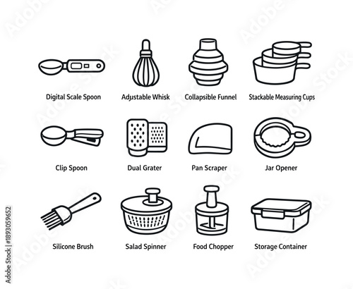 Smart Kitchen Icons. Smart Kitchen Utensils. Line icon set of Smart Kitchen Utensils: digital scale spoon, adjustable whisk, collapsible funnel, stackable