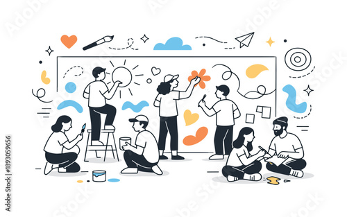 Community Art Collaboration. Art and community. People collaborating on a shared mural or creative project in a public space, expressing connection and