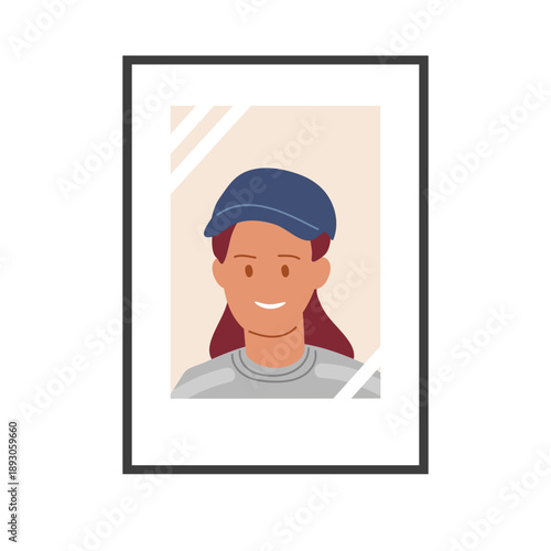 Portrait of young woman hangs on wall of woman with red hair wearing blue hat. Framed painting under glass, flat vector.