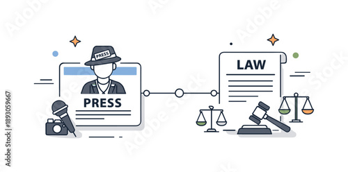Press Meets Law. Journalism and law. A balanced composition showing a press card on one side and a law document on the other, connected by simple lines. The