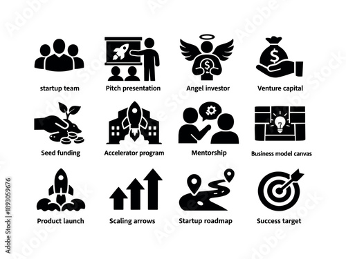 Startup Icon Set. Startup ecosystem. Solid icon set of Startup ecosystem: startup team, pitch presentation, angel investor, venture capital, seed funding,
