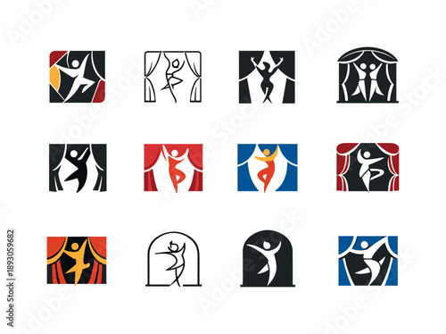 Theatrical Dance Logo Icons. The art of performance and dance in theatrical settings. Icon set. Set Logo of the art of performance and dance in theatrical