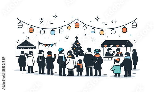 Winter Festival Magic. Winter outdoor festival evening. Crowd gathered under string lights and lanterns, soft glow and calm silhouettes. Peaceful celebration