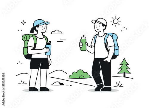Trail Break Bliss. Weekend hike. Two people taking a short break on the trail, standing calmly with backpacks and water bottles. Relaxed pace, fresh air, and