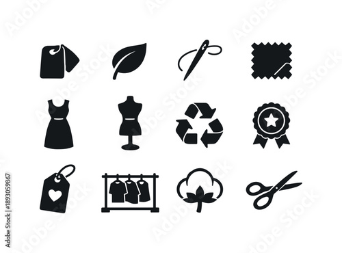 Slow Fashion Icons. Slow Fashion Brand. Solid icon set of Slow Fashion Brand: clothing label, eco leaf, sewing needle, fabric swatch, minimalist dress, tailor