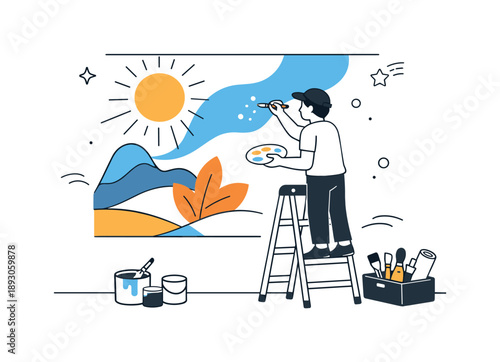 Creative Mural Painting. People painting mural process. A person standing on a small ladder adding details to a wall artwork. Focused work and careful creative