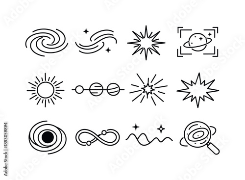 Intergalactic Icon Set. Intergalactic icons. Line icon set of Intergalactic icons: space dust swirl, galactic path, supernova symbol, space viewfinder, pulsar