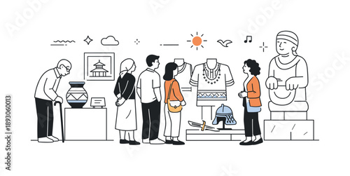 Cultural Heritage Observance. Cultural heritage. A calm editorial scene showing people observing traditional objects and artifacts in a modern exhibition
