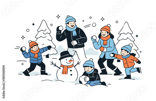 Snowy Family Fun. Winter playtime. Children and adults playing together with snowballs and simple snow-covered trees in the background. Family fun, gentle