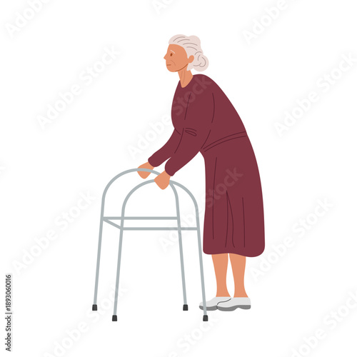 Elderly woman with white hair and wearing gray shoes and maroon dress using walker. Support and protection of elderly health