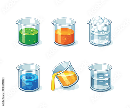 Colorful Lab Glassware. Lab Glassware. Isometric flat vector icons set of Lab Glassware: chemical beaker with green liquid, beaker with orange solution, beaker