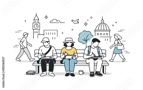 Urban Sketchers' Focus. Urban sketchers scene. Artists sitting on a bench, sketching city architecture while passersby move gently in the background. Calm