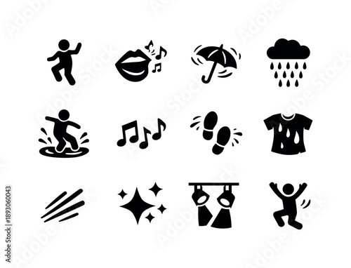 Rain Dance Icons. Dance and sing in rain. Solid icon set of Dance and sing in rain: dancing figure, singing mouth, umbrella spin, rain shower, puddle jump,