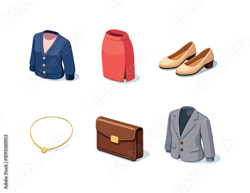 Casual Business Attire Icons. Casual business attire. Isometric flat vector icons set of Casual business attire: tailored cardigan, midi office skirt, low heel