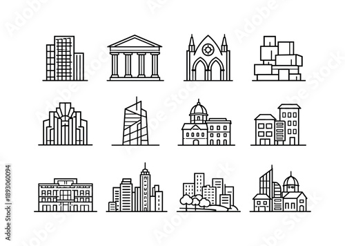 Urban Architectural Icons. Exploring Architectural Styles in Urban Design. Line icon set of Exploring Architectural Styles in Urban Design: modern skyscraper