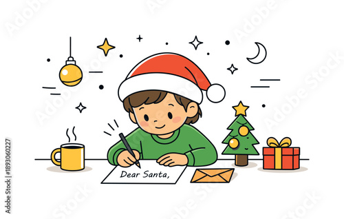 Writing to Santa. Writing letter to Santa. Child sitting at a desk writing a letter with focused expression, cozy holiday mood and quiet excitement. Minimalist