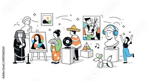 Cultural Art Metamorphosis. Art meets culture concept. Gallery-like space where cultural icons transform into modern art forms, smooth visual flow. Editorial