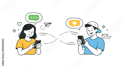 Virtual Friendship Exchange. Virtual friendship illustration. One friend sending a message and another replying instantly, simple and warm online exchange.