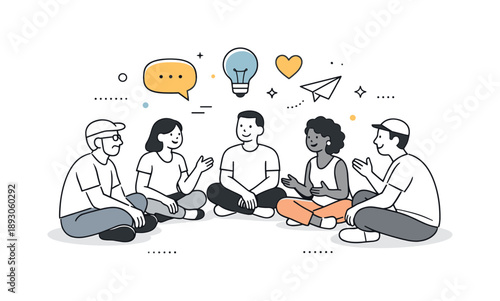 Community Circle Gathering. Neighborhood gathering. A small group of people sitting in a circle outdoors, chatting and sharing ideas, subtle floating abstract