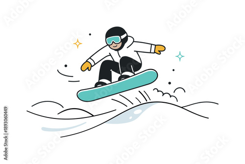Snowboarder Mid-Air. Snowboarding adventure. A snowboarder performing a small jump on a slope with abstract snow trails and motion marks. Playful energy and