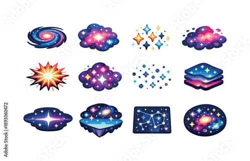 Colorful Space Icons. Deep space stars. Colorful isometric vector icons set of Deep space stars: remote galaxy swirl, nebula glow, scattered stars, cosmic dust