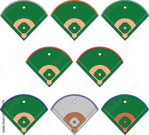 Baseball field, vector diagrams set, 7 diamond stadium views with green grass and dirt infield isolated