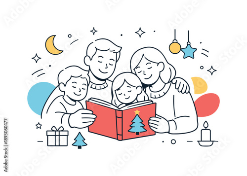 Family Christmas Reading. Parents reading Christmas story memory. Family finishing the story with soft smiles, sense of warmth and holiday closeness with