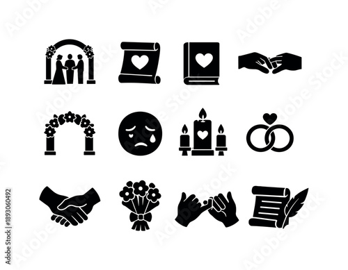 Black Icon Vows. Ceremonial Vows. Solid icon set of Ceremonial Vows: couple at altar, heart scroll, vow book, exchange rings, floral arch, emotional face,